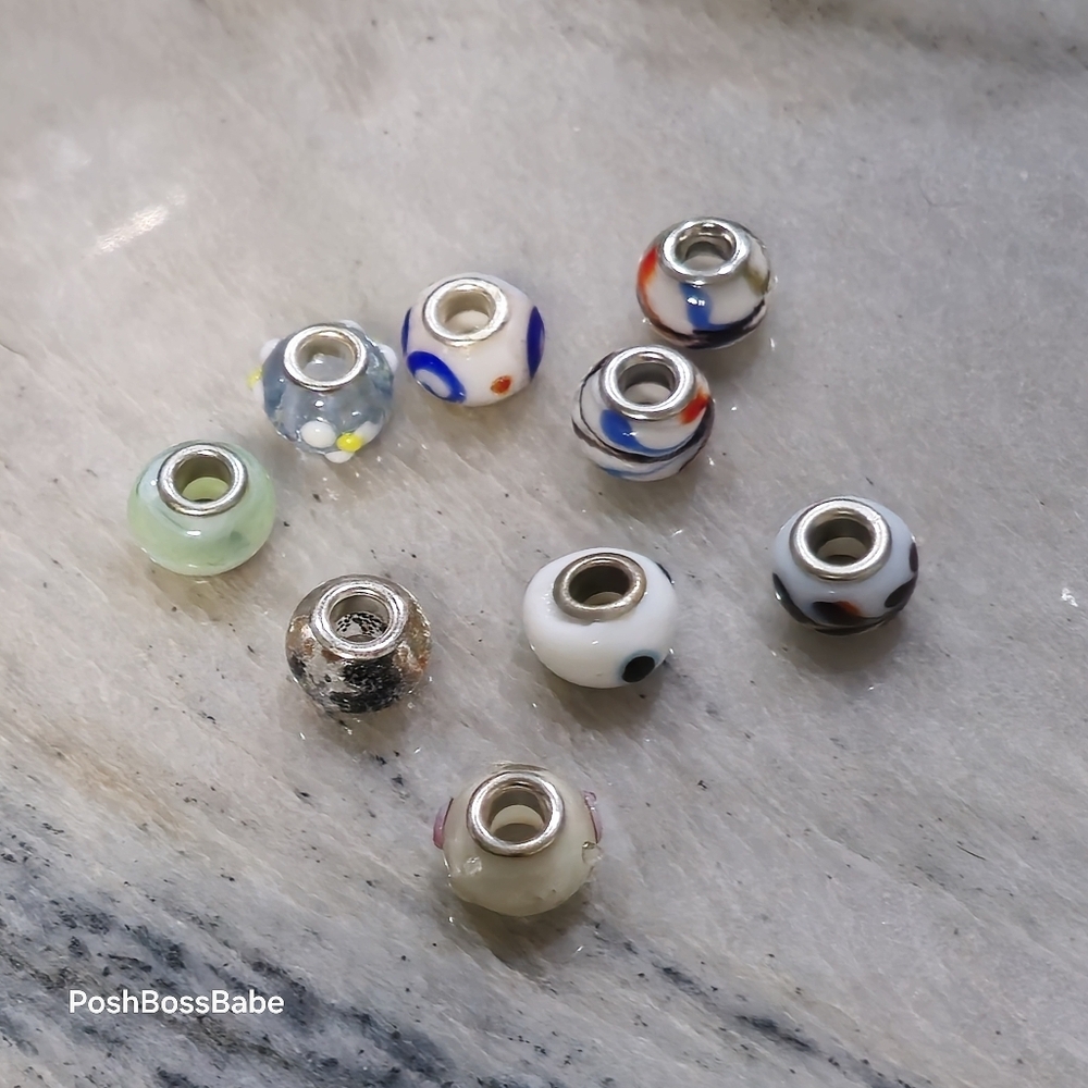 Lot of 9 metal core center murano glass beads for pandora type bracelets